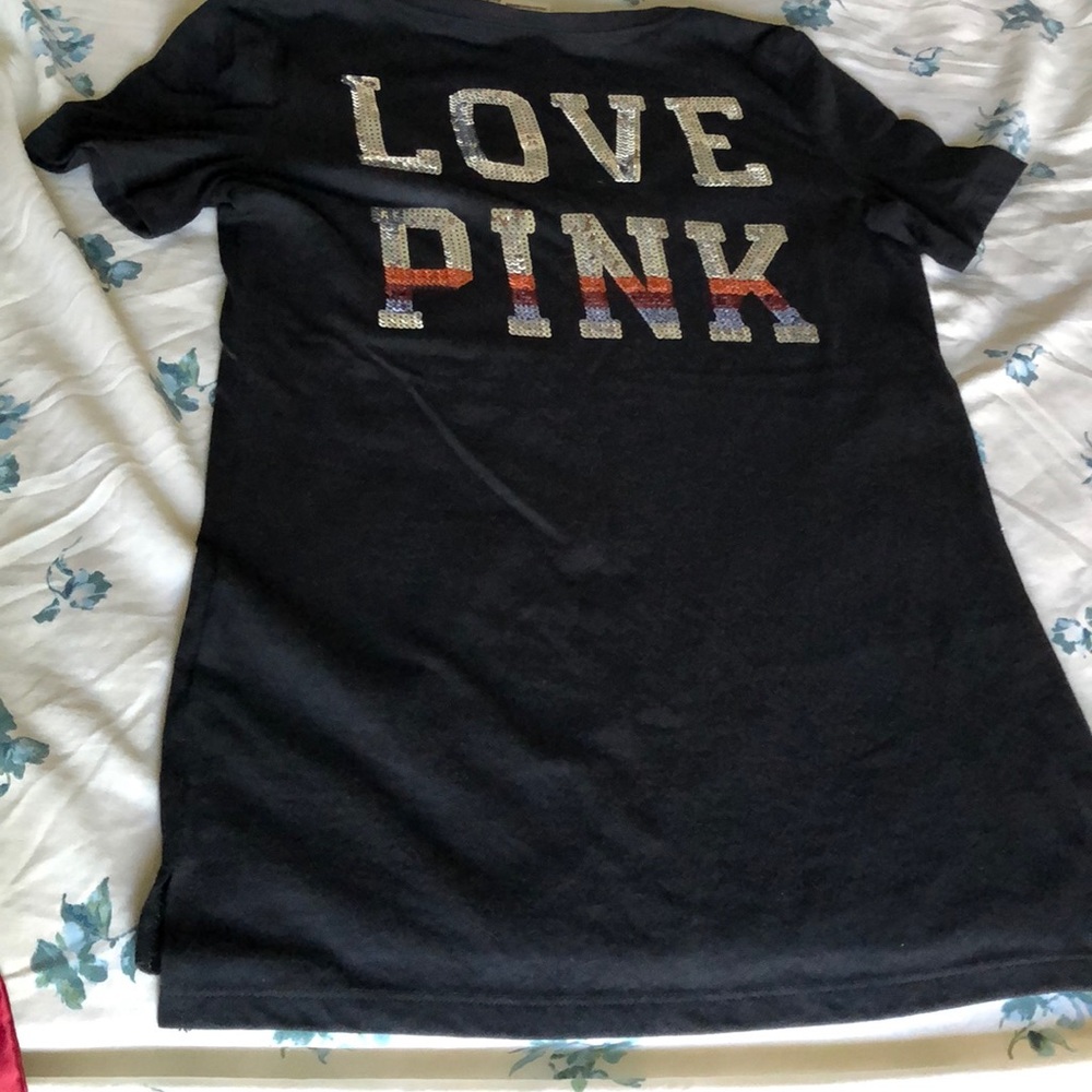 VS Pink Bling Black V Neck Shirt XS